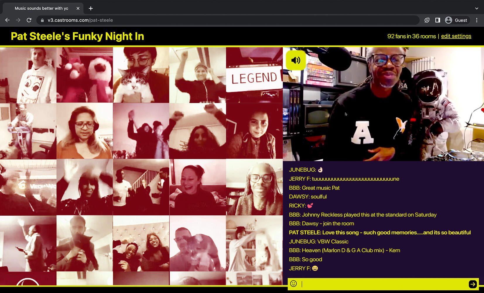 CastRooms interface for Pat Steele's Funky Night In